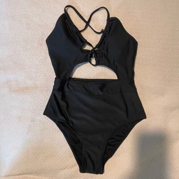 Cupshe Women One Piece Swimsuit L Black Cutout High Waist Crisscross Back Cheeky - Picture 3 of 9